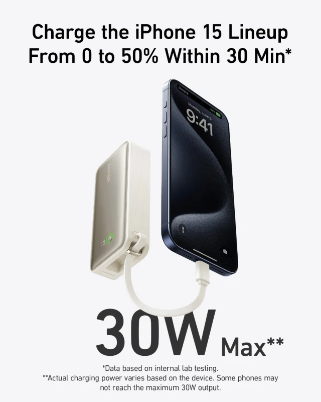 أنكر Nano باور بانك ١٠٠٠٠ مللي أمبير ٣٠ واط بكابل USB-C مدمج (A1259)