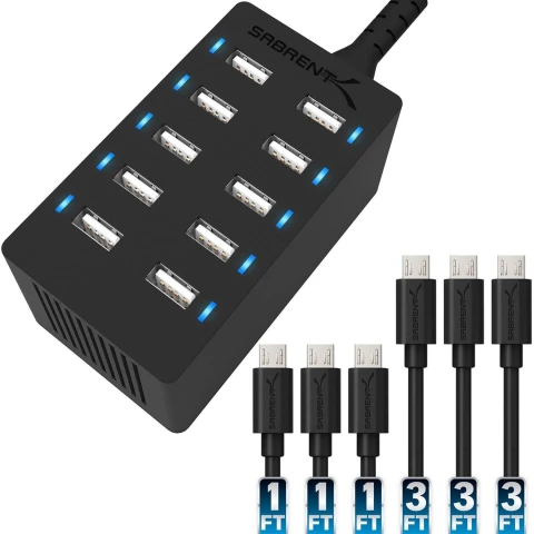 سابرنت شاحن 60 Watt 10 Port Family Sized Desktop USB Rapid . + 6 Micro USB Cables [X3 3ft X3 1ft] Black