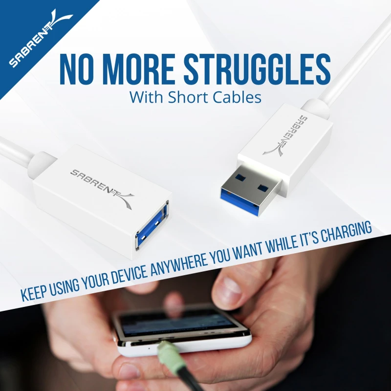 سابرنت كابل 22AWG USB 3.0 Extension A Male to A Female [White] 10 Feet