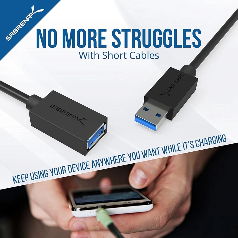 22AWG USB 3.0 Extension Cable - A-Male to A-Female [Black] 6 Feet