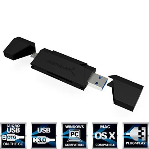 سابرنت قرص تخزين 2 Slot Micro USB OTG USB 3.0 Flash Memory Card Reader Supports SD SDHC SDXC MMC / MicroSD T Flash [Black]