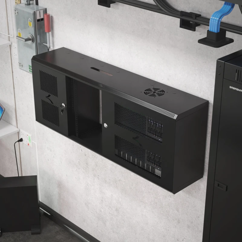 سابرنت محطة إرساء 9U IT Wall Mount Rack Enclosure 3 Compartments in 1 19 Inch Black Server Cabinet
