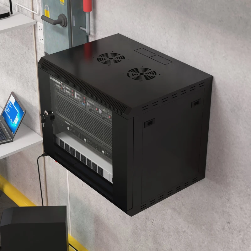 سابرنت محطة إرساء 9U IT Wall Mount Rack Enclosure 19 Inch Black Server Cabinet Locking Glass Door Pull Out Drawer