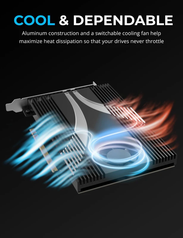 4-Drive M.2 NVMe SSD to PCIe 4.0 x16 Bifurcation Adapter Card with Active Cooling