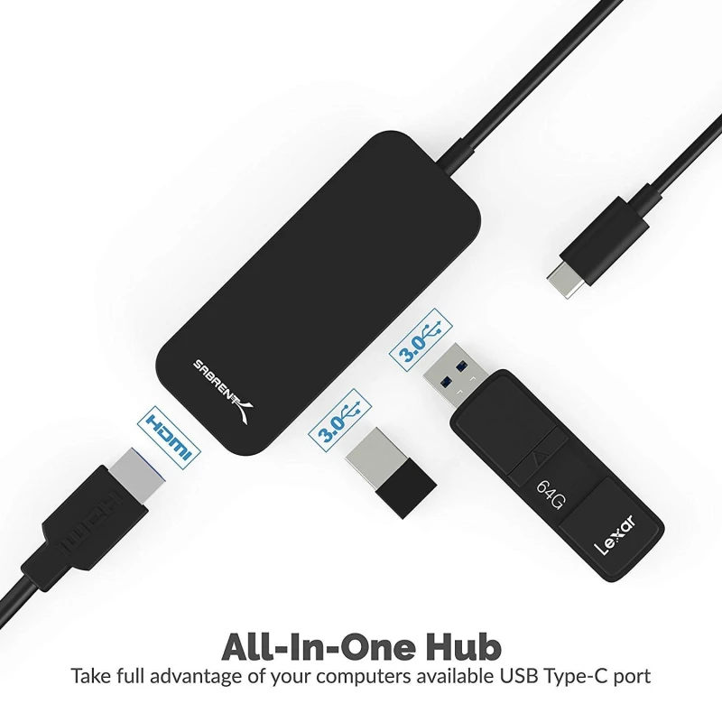 Black Aluminum Type-C to 2-Port USB 3.0 and HDMI Adapter