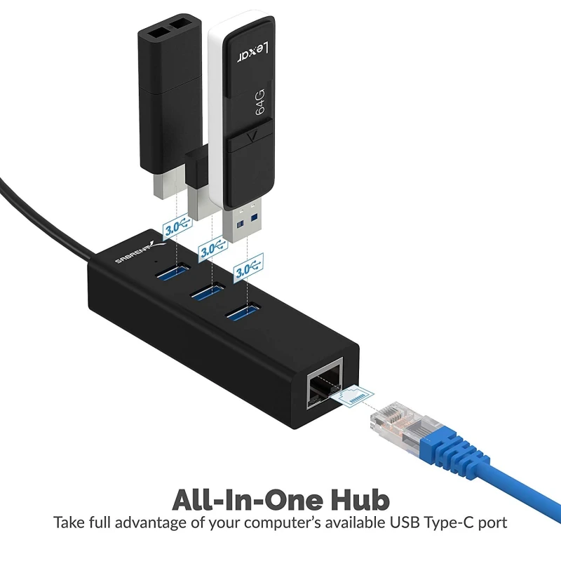 3-Port USB-C to USB 3.0 Aluminum Hub with 1 Gigabit Ethernet Port, Compatible with MacBook Pro, ChromeBook, XPS and More [Built-in 1ft Cable]