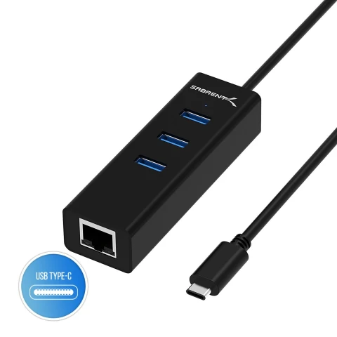 سابرنت كابل 3 Port USB C to USB 3.0 Aluminum Hub 1 Gigabit Ethernet Port Compatible MacBook Pro ChromeBook XPS More [Built in 1ft ]