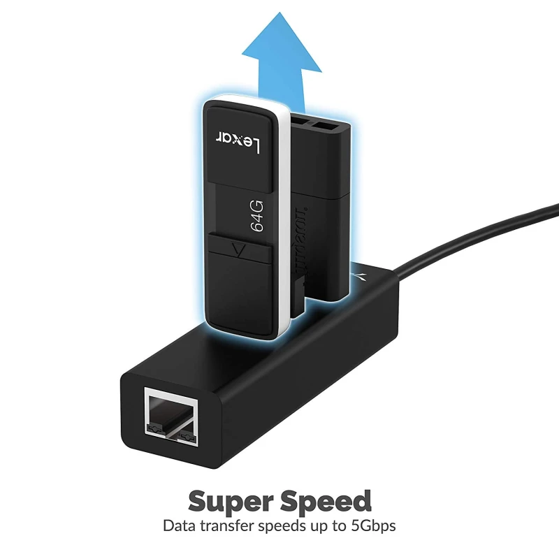 3-Port USB-C to USB 3.0 Aluminum Hub with 1 Gigabit Ethernet Port, Compatible with MacBook Pro, ChromeBook, XPS and More [Built-in 1ft Cable]