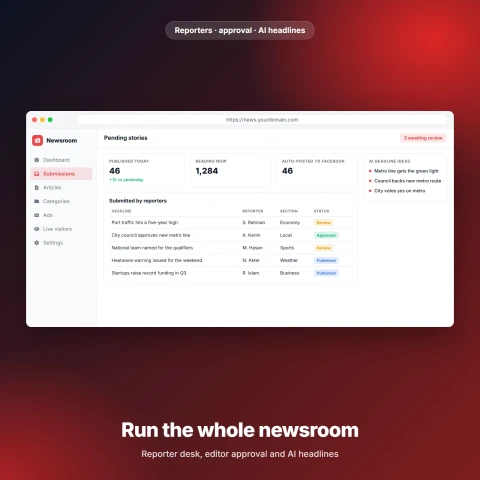 Newsroom AI — بوابة أخبار Next.js مع مكتب المراسلين وعناوين بالذكاء الاصطناعي ونشر تلقائي على Facebook