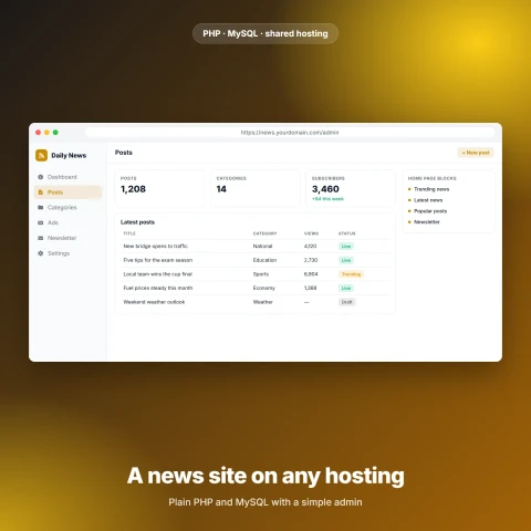 News Theme 1.0 — بوابة أخبار ومدونة بـ PHP وMySQL مع لوحة تحكم