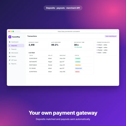 KarentPay — بوابة دفع مؤتمتة للإيداعات والسحوبات عبر المحافظ الإلكترونية