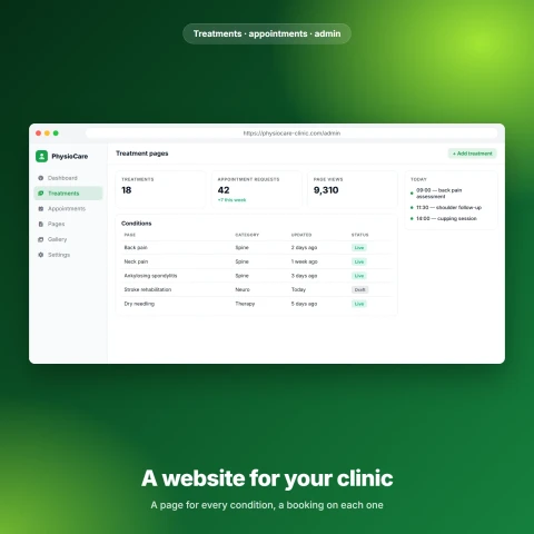 موقع عيادة علاج طبيعي — قالب PHP بالعلاجات والمواعيد ولوحة تحكم