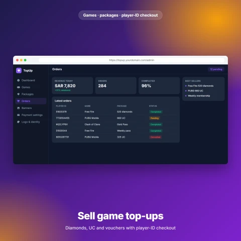 TopUp — متجر شحن جواهر الألعاب والقسائم بـ React وNode.js