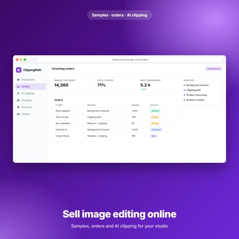 ClippingPath — موقع لاستوديوهات إزالة الخلفيات وتحرير الصور مع قص بالذكاء الاصطناعي وبوابة للطلبات