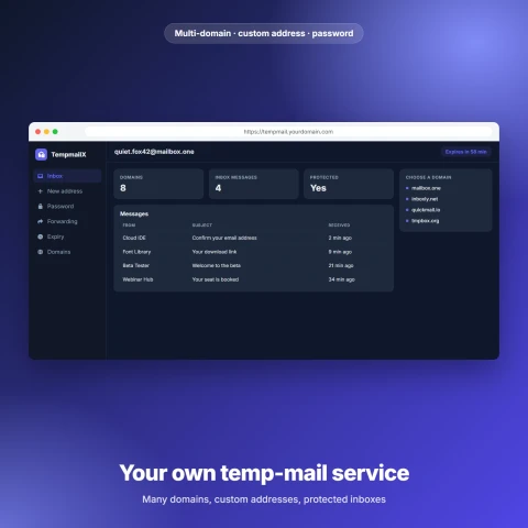 TempmailX — خدمة بريد مؤقت متعددة النطاقات مع عناوين مخصصة وصناديق محمية بكلمة مرور