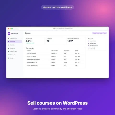منصة تعليم إلكتروني — موقع دورات جاهز على WordPress مع LearnPress وBuddyPress وWooCommerce