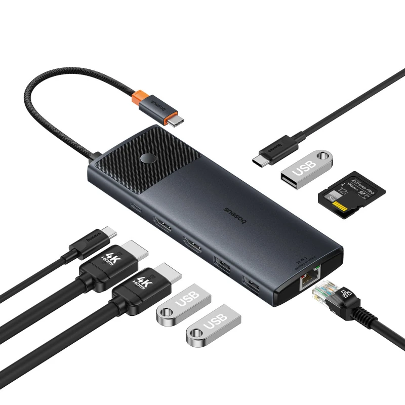 باسيوس شاحن سيارة 10 in 1 Dual Display USB C Hub
