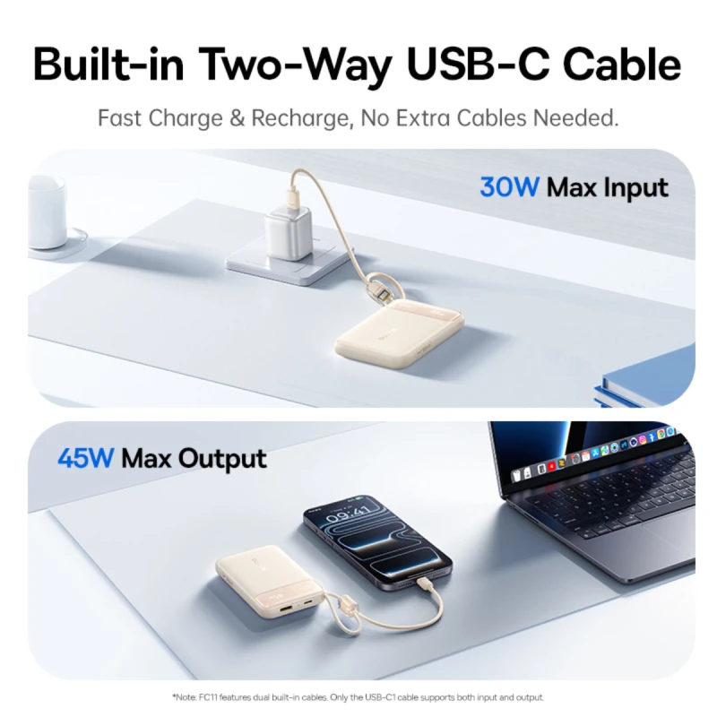 باسيوس باور بانك ١٠٠٠٠ مللي أمبير ٤٥ واط EnerFill FC11 Dual Built in USB C Cables
