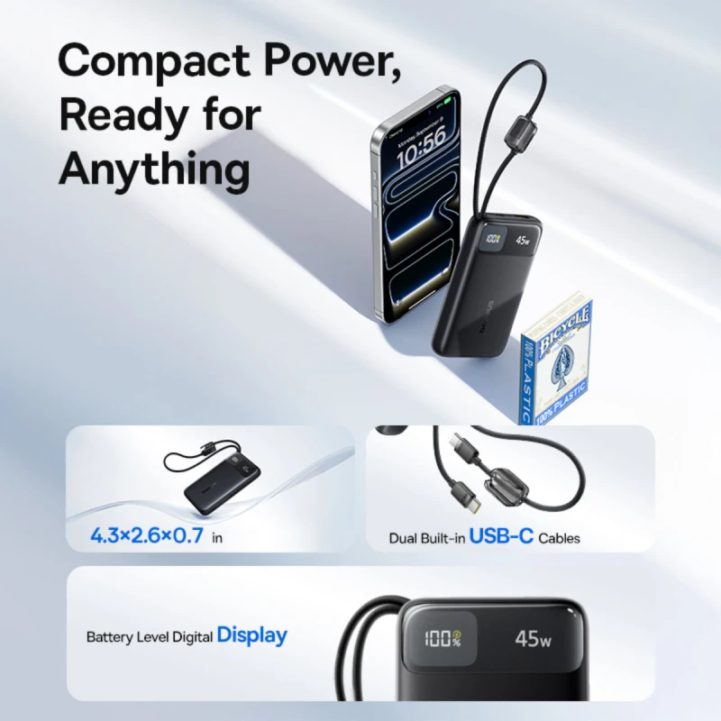 باسيوس باور بانك ١٠٠٠٠ مللي أمبير ٤٥ واط EnerFill FC11 Dual Built in USB C Cables