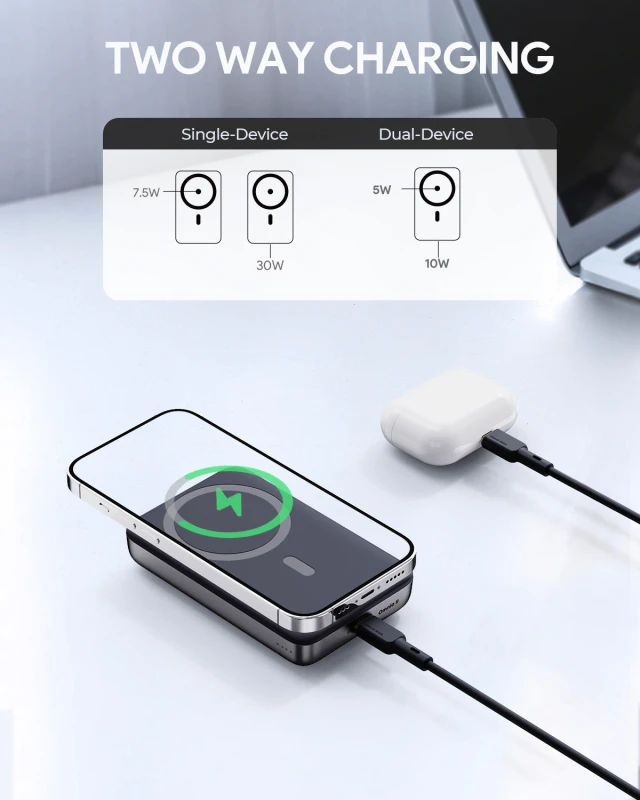 AUKEY MagFusion 10000 10000mAh 30W Magnetic Wireless Charging Power Bank USB C-C  Included Gray PB-MS02