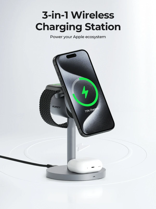 أوكي شاحن MagFusion Qi2 3 in 1 Wireless Station LC MC311