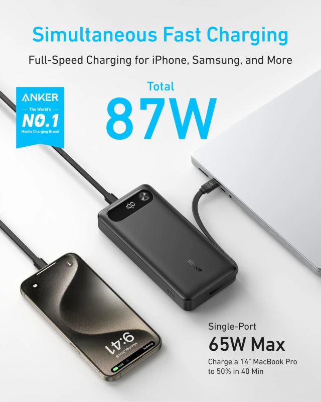 أنكر باور بانك ٢٠٠٠٠ مللي أمبير ٨٧ واط بكابل USB-C مدمج (A1383)